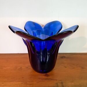 Vintage Cobalt Blue Hand Blown Art Glass Flower Vase